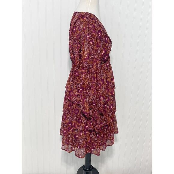 House of Harlow 1960 Batik Print V-Neck Mini Ruffle Tiered Dress Berry 10‎ - Picture 4 of 11